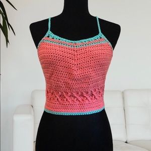Coral and Turquoise Crochet Crop Top